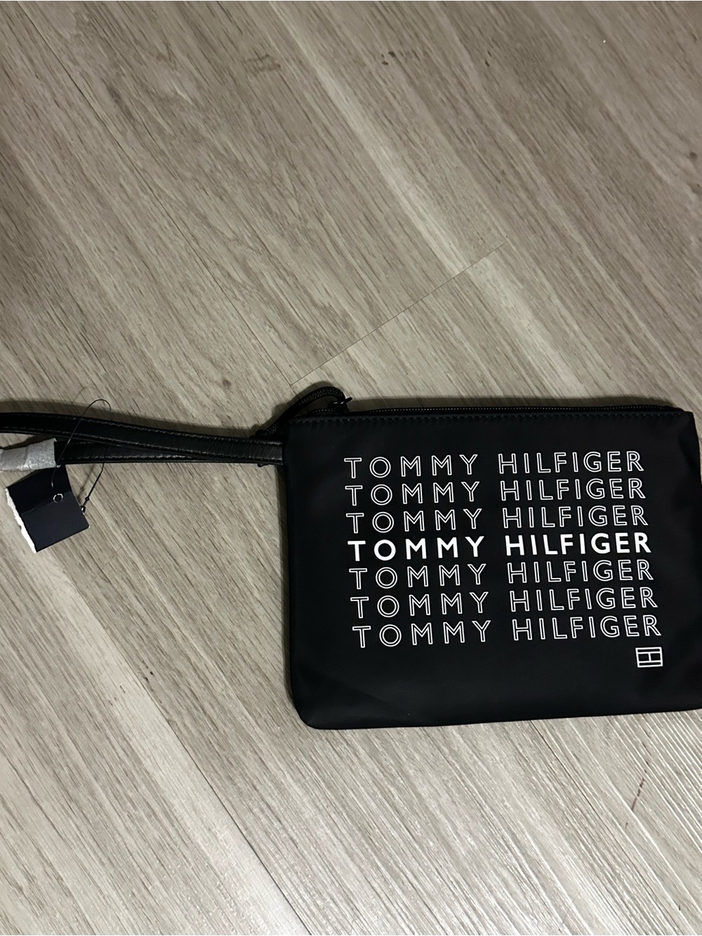 Tommy Hilfiger Black Logo Wristlet Pouch with Repeated Branding